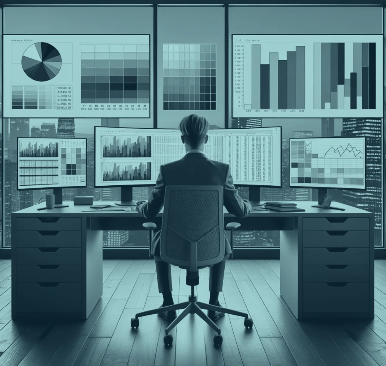 Finance leader reviewing performance dashboards across a wall of screens